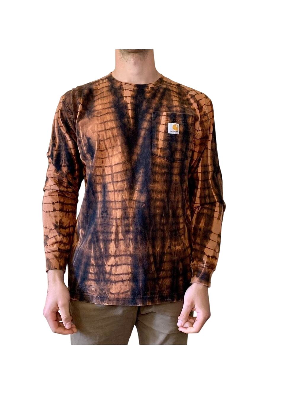 Reworked Carhartt Long Sleeve Shirt Black Orange Reverse Shibori Tie Dye Medium